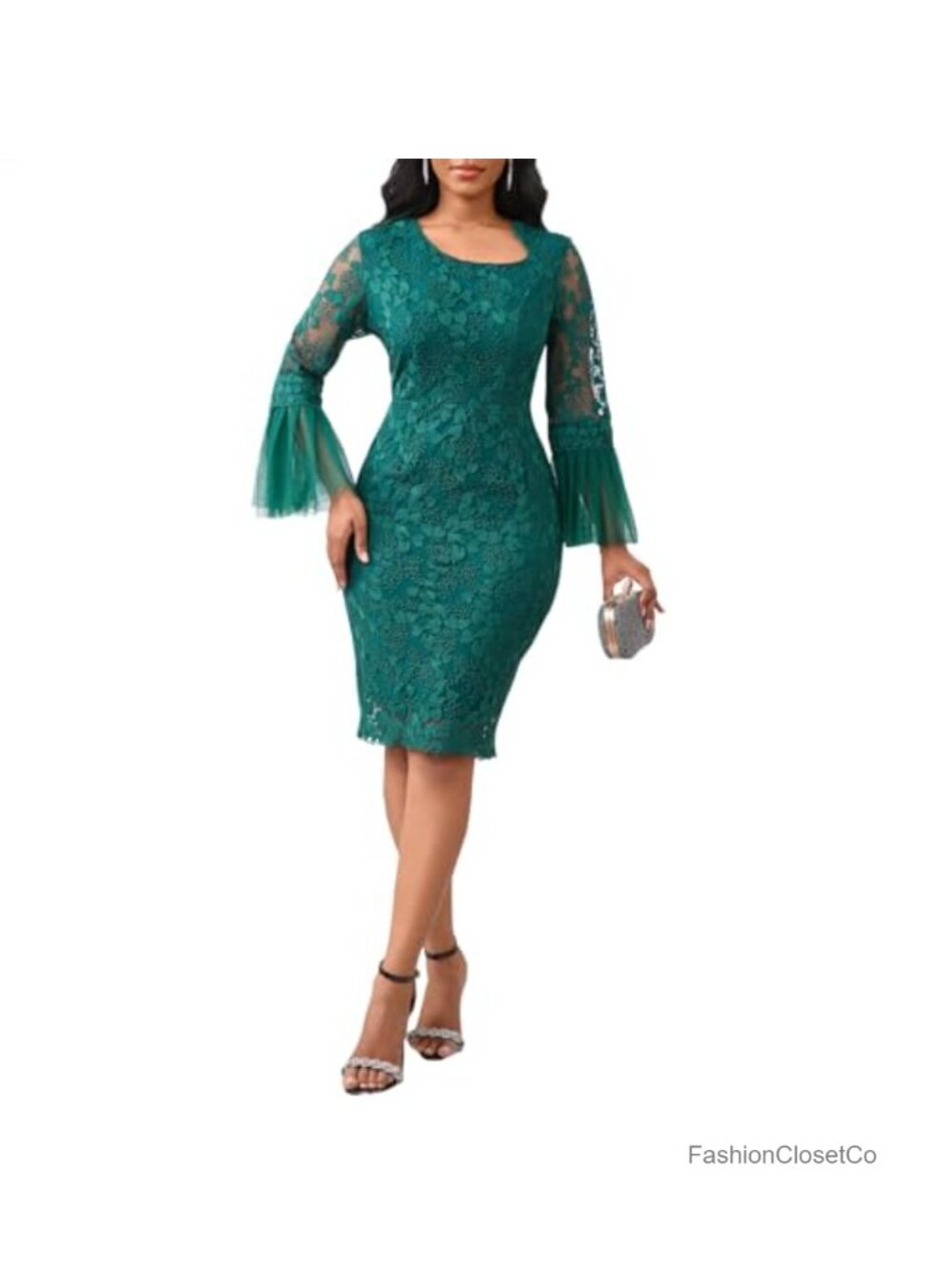 Women's Floral Lace Patchwork Long Sleeve Flared Midi Formal Evening Gown